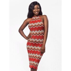 Rust orange black chevron knit halter midi dress size M Beach Swim cover up